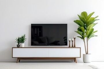 TV on the cabinet in modern living room with plants