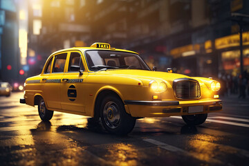 Fototapeta na wymiar Yellow taxi Cab Movement of the car at high speed. ai generative