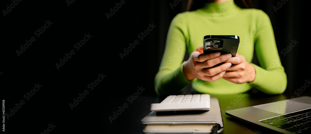 Sticker type search information from the internet network. businessman working with smartphone, tablet and l