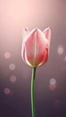 Single pink tulip with water drops, soft studio light, blurred background with bokeh.