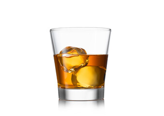 Classic glass with irish whiskey on white background with ice cubes.