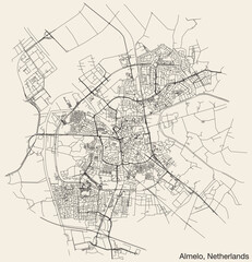 Detailed hand-drawn navigational urban street roads map of the Dutch city of ALMELO, NETHERLANDS with solid road lines and name tag on vintage background