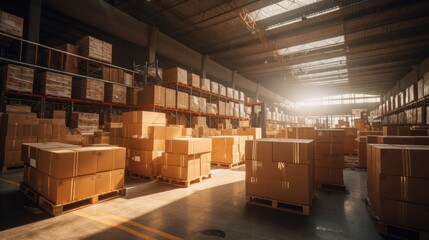 Efficient Warehouse Logistics: Organized Space for Business Storage. Efficiently organized warehouse shelf showcases business logistics and freight transportation