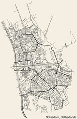 Fototapeta na wymiar Detailed hand-drawn navigational urban street roads map of the Dutch city of SCHIEDAM, NETHERLANDS with solid road lines and name tag on vintage background