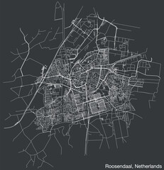 Detailed hand-drawn navigational urban street roads map of the Dutch city of ROOSENDAAL, NETHERLANDS with solid road lines and name tag on vintage background