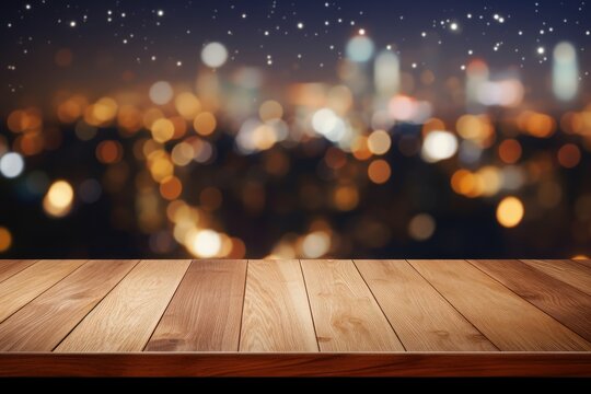 wood table top on night city background with light strings