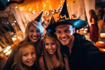 Family with Halloween costumes taking a selfie on a party