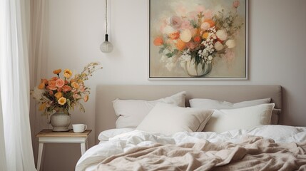  a bed with white sheets and a painting on the wall.  generative ai