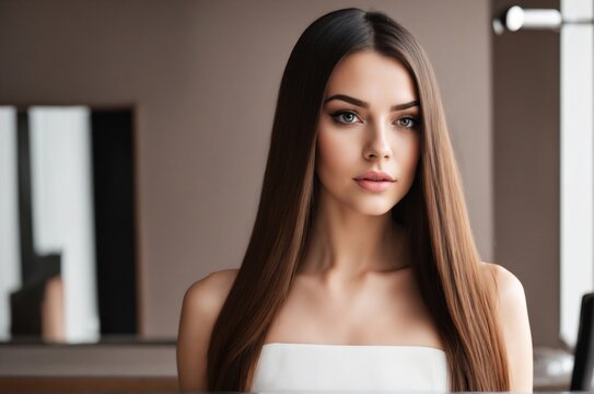 young woman with straight long brown shiny hair. Beauty and hair care.keratin. 