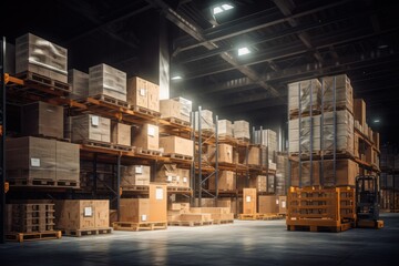Busy Warehouse Scene with Box Storage, Building, and Logistics Professionals. Efficient warehouse with organized shelves, boxes, and logistics operations