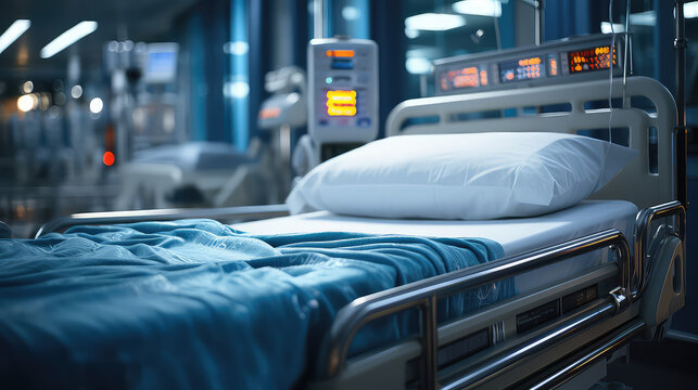 Empty hospital bed in modern hospital room. Concept of a modern medical clinic with the latest equipment. 