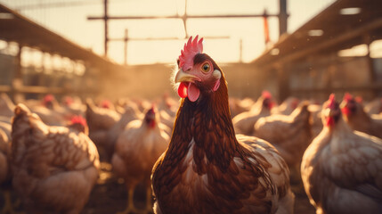 Free range organic chickens poultry in a country farm. Happy chickens in the meadow