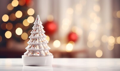 Empty white table with ceramic Christmas tree. Empty table against a background of a blurred Christmas tree.