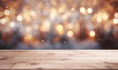 Christmas/New Year background with bokeh lights. Empty wooden table with snow falling on it. Snow falls on the table.