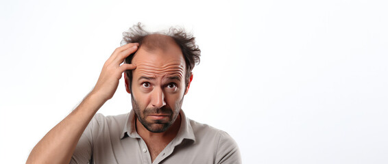 Upset Man with a troubled face, thinning hair, isolated on white background, copy space. - obrazy, fototapety, plakaty