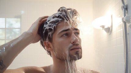 Naklejka premium Young man washing his hair in the bathroom, light colors.