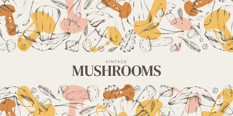 Sketch of forest plants. Mushrooms. Graphic horizontal banner made of porcini, branches, leaves. Vector illustration for menu design, labels, product packaging