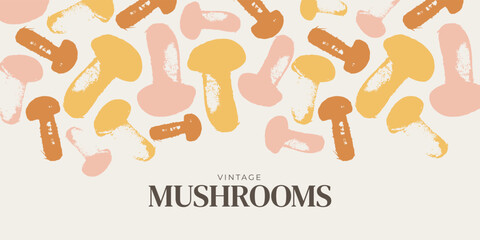 Graphic horizontal banner of edible mushrooms in the shape of spots. Forest plants. Abstract vector in flat style. For menu design, covers, backgrounds, packaging
