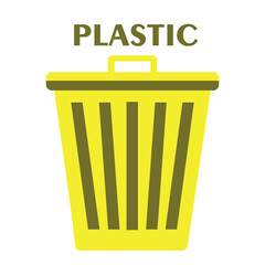 Plastic garbage sorting. Yellow container for plastic waste. Packages, bottles and dishes. Caring for environment, nature and atmosphere, zero waste lifestyle. Cartoon flat vector illustration