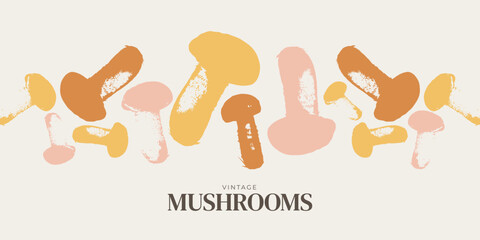 Abstract vector illustration of edible mushrooms. Graphic horizontal banner made of porcini in the shape of spots. Flat style. For menu design, covers, backgrounds, packaging