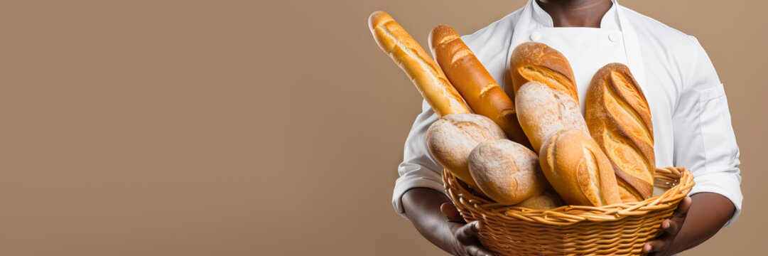 Handsome African American baker in uniform with assorted breads basket, banner format - Powered by Adobe