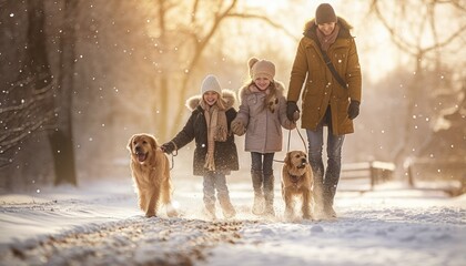 family walking in winter park