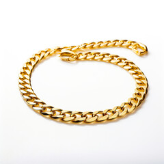 Obraz premium A golden neck chain on white background. Display of a golden chain product. Simple and elegant gold chain.