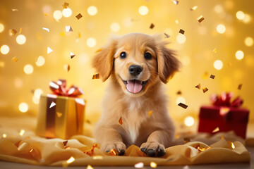 Cute puppy with golden gift boxes on festive yellow background. Giving Tuesday or boxing day concept