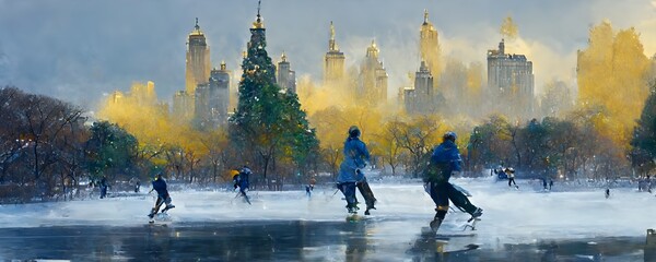 Central park in the middle of a winter snow squall trees and bushes covered in snow city buildings in the background early evening three people ice skating urban tones of green and blue and gold  - obrazy, fototapety, plakaty