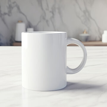 White coffee mug mockup. Ceramic mug. Blurred marble background