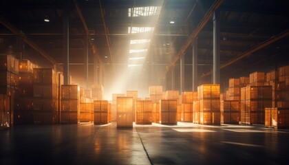 Gloomy Warehouse Illuminated by Pockets of Light. Dilapidated warehouse with faint light, creating...