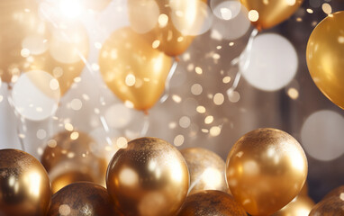 Illustration of a festive background with balloons and golden confetti. Festive blurred abstract background with luxury baubles.