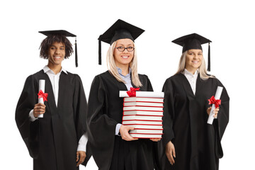 Group of graduates with books and diplomas