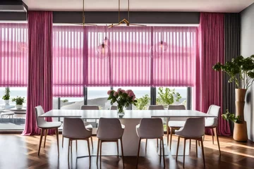 Foto auf Acrylglas Gray roman shades and a pink curtain over large, glass windows in a modern kitchen and dining area with a wooden table and white chairs © Tanveer