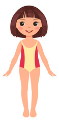 Cartoon girl standing in swimsuit. Cute paper doll