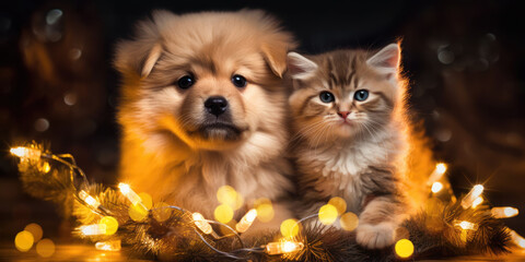 Cat and Dog with Christmas Lights. Cute Puppy and Little Kitten and Christmas Tree Branch with Festive Lights. Pets and Christmas photo for postcard