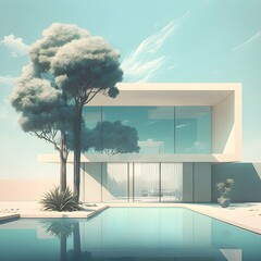 modern architecture house with swimming pool some trees pot plants blue sky with a few clouds ultra minimalist clean lines soft shadows muted colours muted tones 