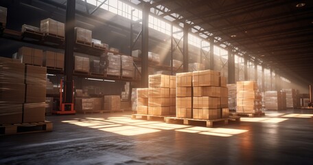 Busy Distribution Warehouse with Large Group of Objects in an Indoor Shipping and Logistics Room. Distribution warehouse with neatly stacked cardboard boxes for shipping and logistics