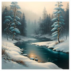 A realistic forest in winter with snowcovered trees and a frozen river running through the landscape Use acrylic or oil painting techniques to create a crisp clean effect The mood should be cold and 