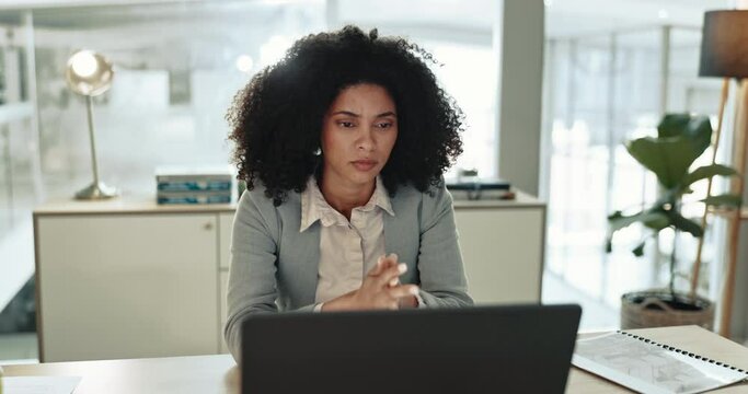 Business woman, tired and headache at laptop with anxiety, problem and working late with brain fog. Confused, burnout and frustrated employee at computer with stress, fatigue and migraine of deadline