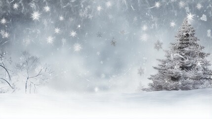  a snowy scene with a tree and snow flakes in the sky.  generative ai
