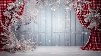 a red and white christmas scene with a red curtain and a white christmas tree.  generative ai