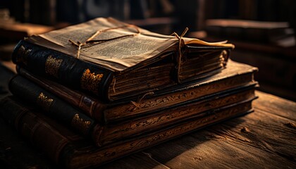 Photo of a stack of books on a rustic wooden table
