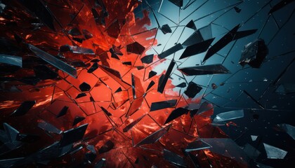 Photo of a shattered glass wall illuminated with red and blue lights - obrazy, fototapety, plakaty