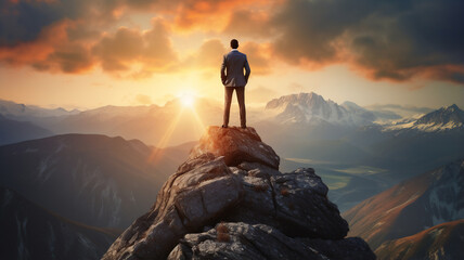 A businessman standing on top of a mountain ,Life goal concept success in life concept
