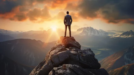 Foto op Canvas A businessman standing on top of a mountain ,Life goal concept success in life concept © sattawat