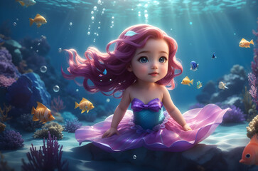 Obraz na płótnie Canvas Enchanting Underwater Adventure: Baby Girl as a Mermaid Explores Ocean Depths with Playful Sparkling Fish