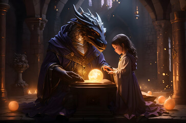 Enchanted Castle Discovery: Baby Girl and Guardian Dragon in Hidden Chamber with Ancient Scrolls and Glowing Orbs
