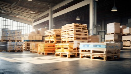 Efficient Business Storage in Indoor Warehouse. Bustling factory storage room with workers and machinery