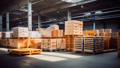 Efficient Business Storage in Indoor Warehouse. Bustling factory storage room with workers and machinery